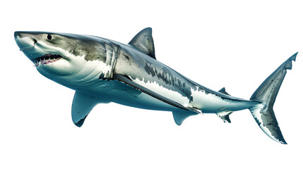 Naklejka premium Great white shark patrolling the ocean depths in search of food, white background for clipping