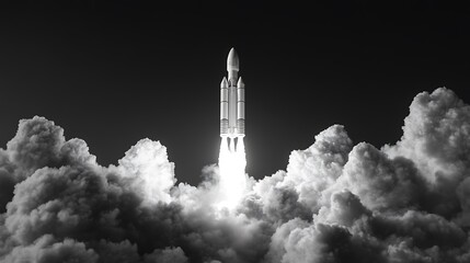 Dynamic 3D Render of Rocket Launch in Black and White with Smoke Plumes on Clean Background, High-Resolution Image