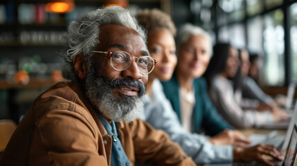 Senior man with colleagues working in a modern office