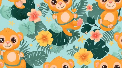 Fototapeta premium A seamless pattern of cute cartoon monkeys swinging from vines, surrounded by jungle leaves, bananas, and bright tropical flowers, vivid greens and yellows, dynamic poses, soft lighting, hd quality,
