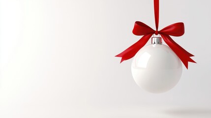 Minimalist white Christmas ball tag suspended with a shiny red ribbon, rendered in 3D for a clean and festive look against a white background