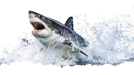 Great white shark breaching the water surface to catch a seal, white background for clipping