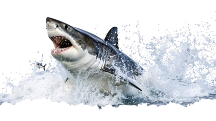 Great white shark breaching the water surface to catch a seal, white background for clipping