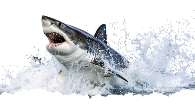 Great white shark breaching the water surface to catch a seal, white background for clipping
