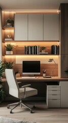 Modern home office setup with computer and stylish decor in a cozy workspace