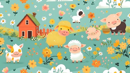 A seamless pattern of cute cartoon pigs, sheep, and cows playing in a vibrant barnyard, with haystacks, a red barn, and flowers, warm and bright colors, soft lighting, hd quality, natural look.