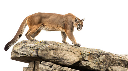Mountain lion perched on a rock ledge scanning for prey below, white background for clipping