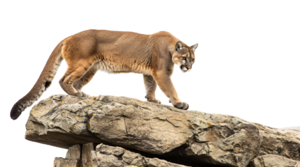 Mountain lion perched on a rock ledge scanning for prey below, white background for clipping