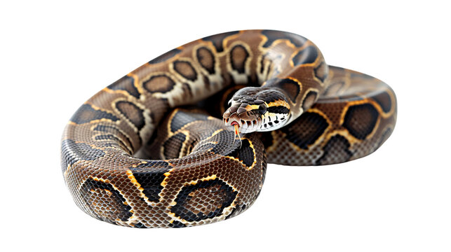 Python coiled and ready to strike at a passing rodent, white background for clipping