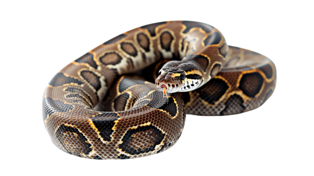 Python coiled and ready to strike at a passing rodent, white background for clipping