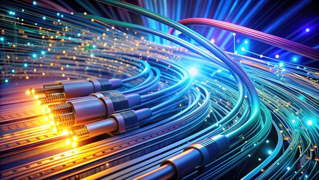Fiberoptic cables and glowing circuits intertwine, surrounded by speeding digital data streams, illustrating rapid online connectivity and fast information exchange.