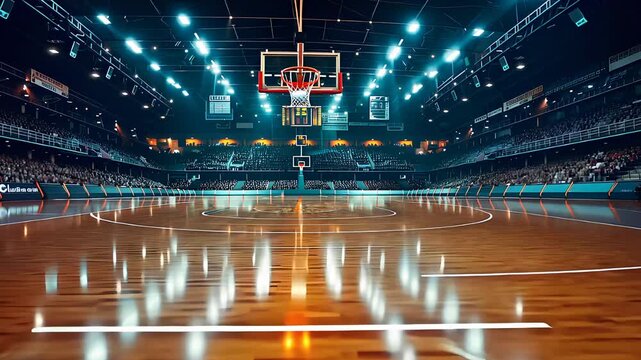An empty basketball court with floodlights and wooded flooring. Zooming in effect