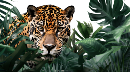 Jaguar stalking through dense forest foliage in search of prey, white background for clipping