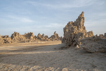 Moon landscape of limestone chimneys geological rock formations in a sunset rays at the bottom of...