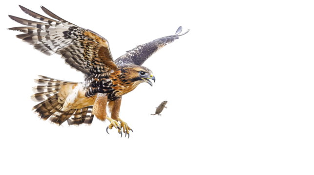 Hawk diving at high speed towards a small rodent on the ground, white background for clipping