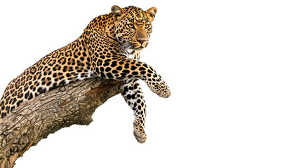 Leopard climbing a tree to pounce on an unsuspecting animal, white background for clipping