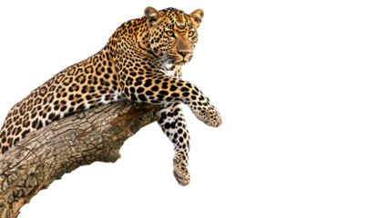 Leopard climbing a tree to pounce on an unsuspecting animal, white background for clipping