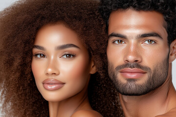 Obraz premium A man and a woman are standing next to each other, with the woman having curly hair and the man having a beard