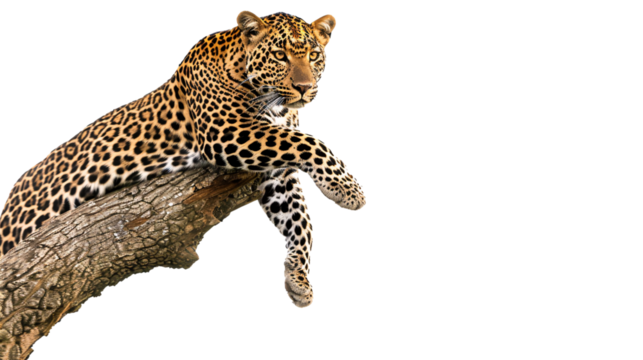 Leopard climbing a tree to pounce on an unsuspecting animal, white background for clipping