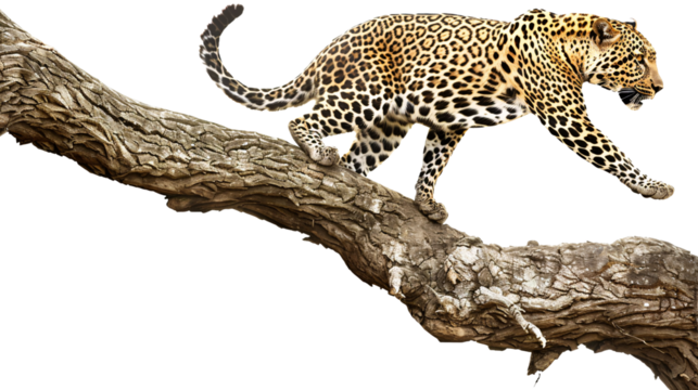 Leopard climbing a tree to pounce on an unsuspecting animal, white background for clipping