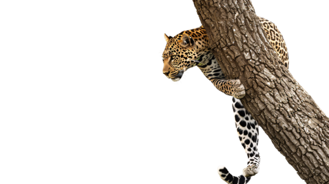 Leopard climbing a tree to pounce on an unsuspecting animal, white background for clipping
