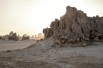 Moon landscape of limestone chimneys geological rock formations in a sunset rays at the bottom of dried salt lake Abbe, Djibouti