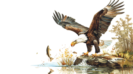 Eagle swooping down to catch a fish from a lake, white background for clipping