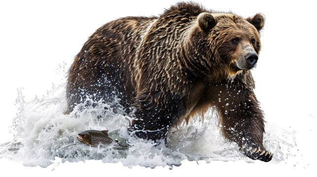 Grizzly bear hunting for fish in a rushing river, white background for clipping