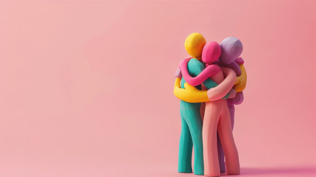 Colorful plasticine group of people hugging each other on a pink background - Powered by Adobe