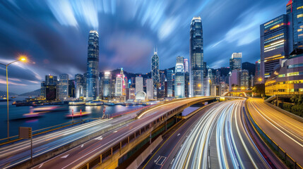 Obraz premium Highway in Hong Kong at night with a city skyline background