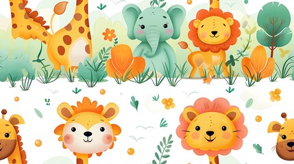 Naklejka premium A seamless pattern of friendly cartoon elephants, lions, and giraffes interacting in a sunlit savannah, with acacia trees and grassy fields, rich earthy tones, detailed fur and skin textures,