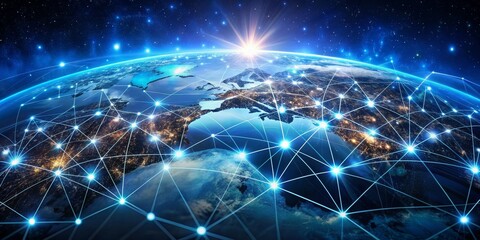 Global Network Connection - Earth with glowing lines and nodes, digital art, network, connection, global ,internet , communication