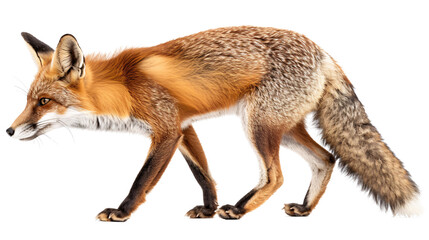 Fototapeta premium Fox sneaking up on a rabbit in the early morning light, white background for clipping