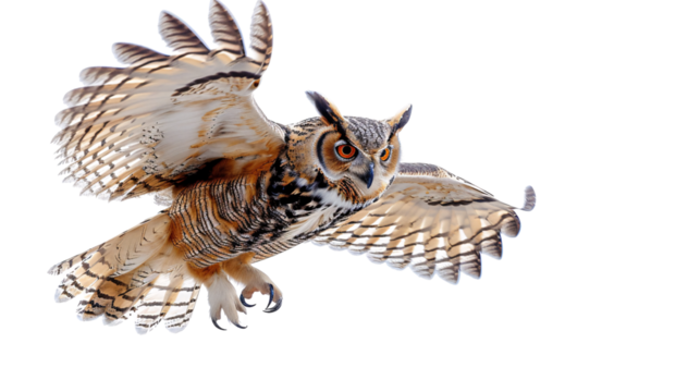 Owl swooping down on an unsuspecting rodent, white background for clipping