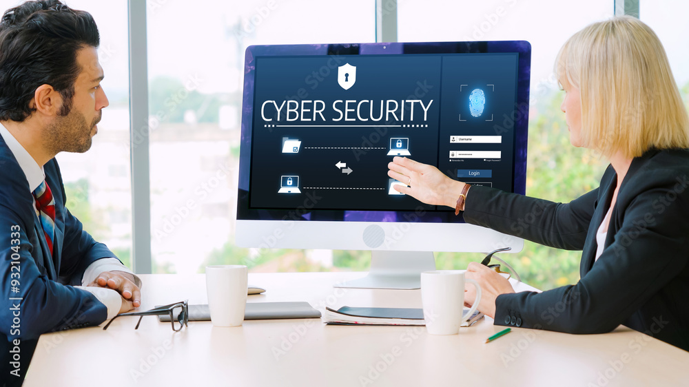 Poster cyber security system on computer screen protect private information snugly from hacker and cyber at