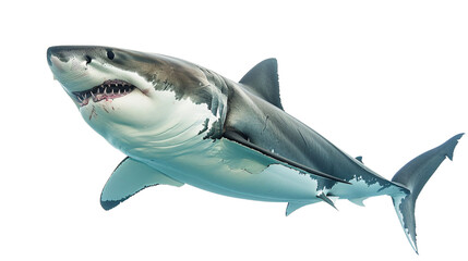 Great white shark swimming menacingly towards the camera, white background for clipping