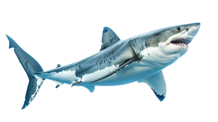 Great white shark swimming menacingly towards the camera, white background for clipping