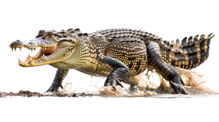 Crocodile snapping its jaws at a passing animal near the water's edge, white background for clipping