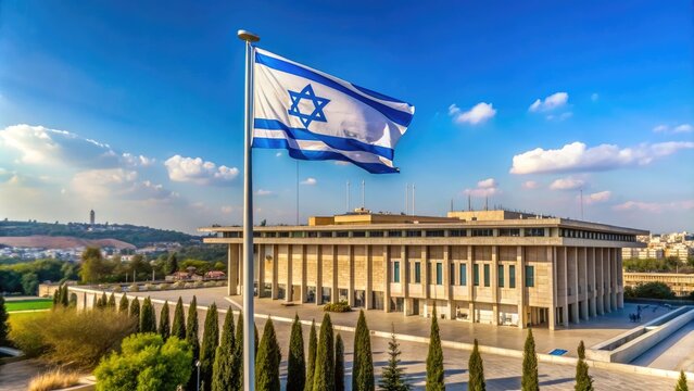 Flags of Israel wave above the Knesset, the country's parliament building in Jerusalem, symbolizing the nation's government and democracy in the Middle East.