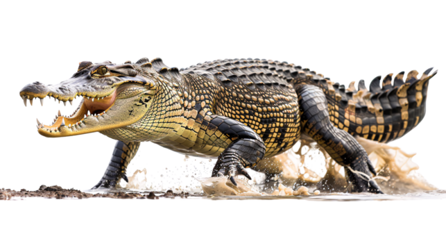 Crocodile snapping its jaws at a passing animal near the water's edge, white background for clipping