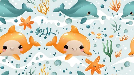 Obraz premium A seamless pattern of playful cartoon dolphins and starfish splashing in ocean waves, with coral and seaweed in the background, vibrant blues and greens, dynamic action poses, hd quality,