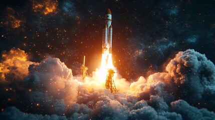Cutting-edge technology launch, 3D render of a space rocket taking off, highlighting the development process with dynamic flames and smoke