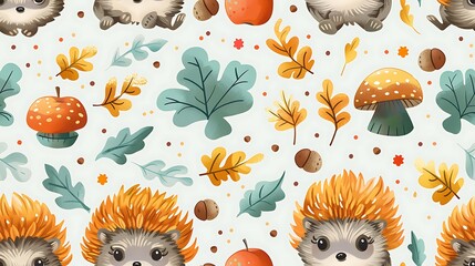 A seamless pattern of playful cartoon hedgehogs rolling around with apples and mushrooms, surrounded by fallen leaves and acorns, bright autumn colors, detailed textures, gentle sunlight, hd quality,