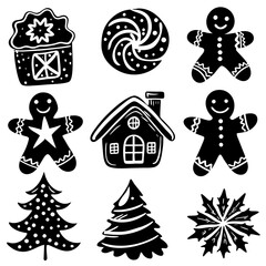Black and white silhouettes of gingerbread cookies, trees, snowflakes