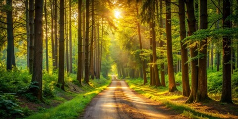 Golden Sunlight Path Through a Forest, Nature, Photography, Woodland, Landscape