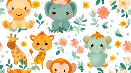 A seamless pattern of playful cartoon monkeys swinging from acacia trees, with giraffes and elephants grazing nearby, warm tones, dynamic poses, soft shadows, hd quality, natural look.