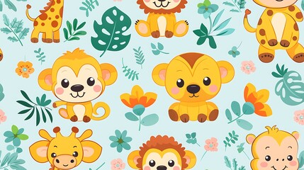 Naklejka premium A seamless pattern of playful cartoon monkeys swinging from acacia trees, with giraffes and elephants grazing nearby, warm tones, dynamic poses, soft shadows, hd quality, natural look.