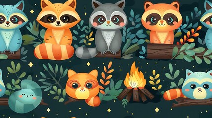 Fototapeta premium A seamless pattern of playful cartoon owls and raccoons gathering around a glowing campfire under the stars, warm firelight against cool night skies, detailed textures, hd quality, natural look.