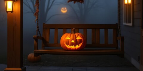 Obraz premium Pumpkin on Porch Swing with Spooky Fog