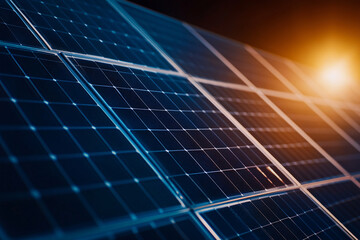 A close up of a solar panel with a bright orange sun in the background. Concept of energy and power, as well as the importance of renewable energy sources